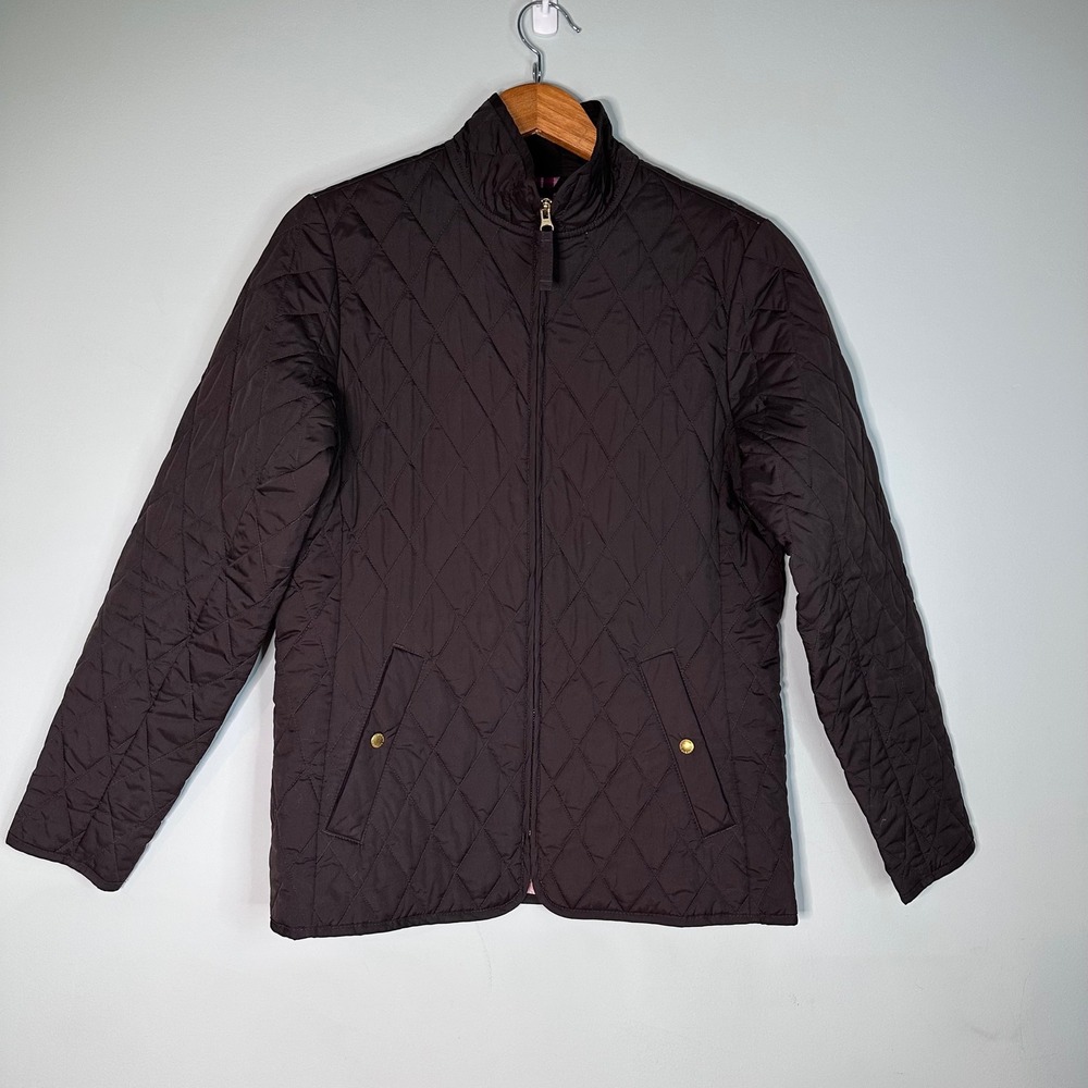 Lands End Black Quilted Barn Jacket Gold Hardware Pink Lining Women's Size Small